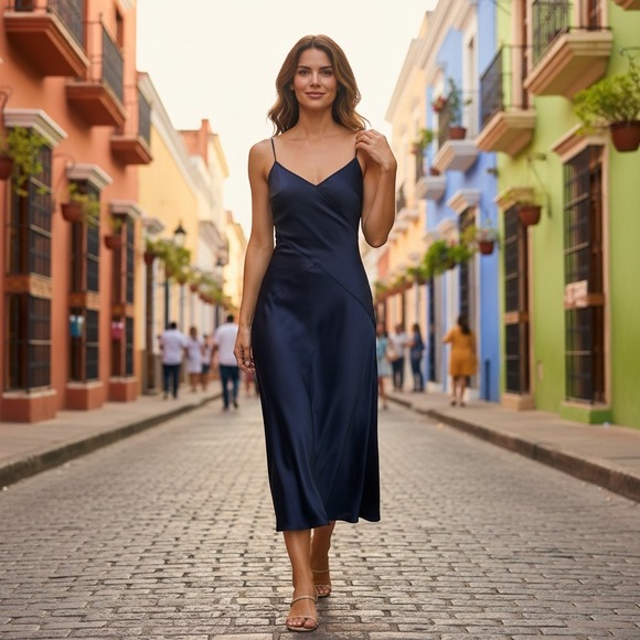 J.Crew Dresses & Skirts - J.Crew Collection Mixed Satin-Crepe Slip Dress Navy Blue [8] J8260 90's Stle